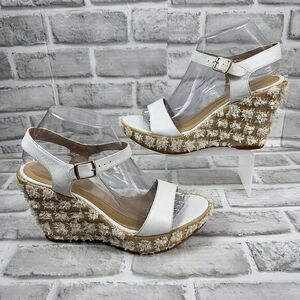 Anthropologie Alex & Alex Women's  9 Floral White Leather Wedge Ankle Sandals